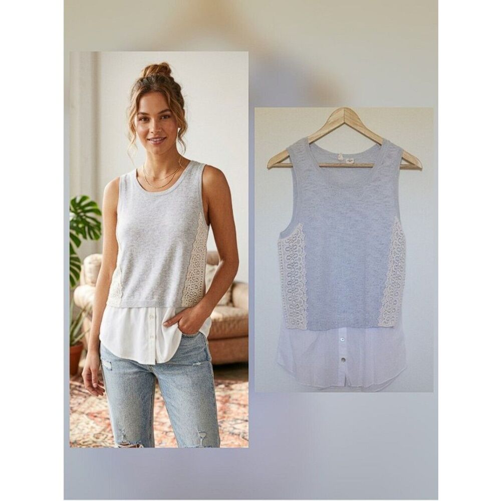 Moth Lace Detail Boho Chic Tank Top - Light Gray and White Size S